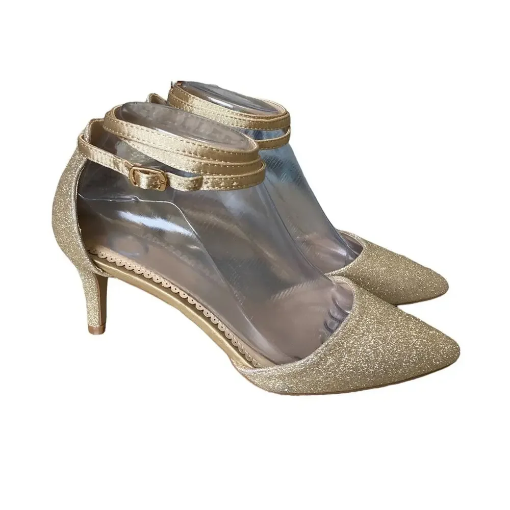 new Journee Luela D'Orsay Gold Glitter Pumps sz US 7 NWOT Kitten Heel Wrap Ankle